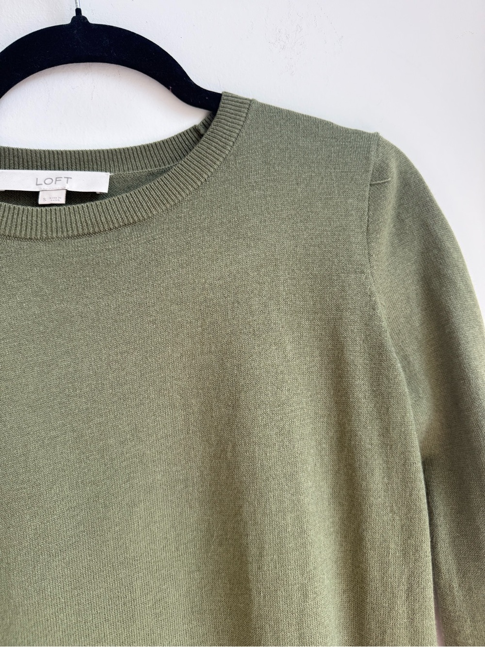 LOFT Olive Green Crewneck Sweater with Floral Layered Hem - Picture 5 of 13